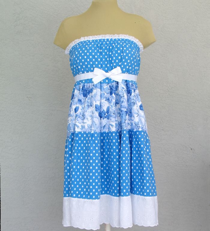 Polka Dots And Blue Roses Sundress 
